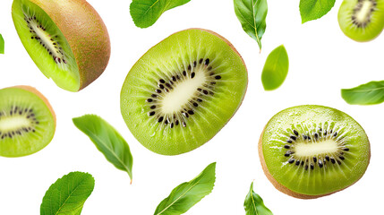 Fototapeta premium Kiwi and leaves flying isolated on transparent background, PNG
