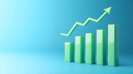 3D green bar graph with upward arrow symbolizing growth and success, set against a gradient blue background.