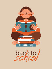 School girl, who sitting and reading book. Learning educational material. For school banner, card, badge, flyer. Back to School concept. Flat Design.	