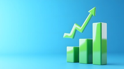 3D green bars and upward arrow on blue background representing growing financial success and positive business performance.