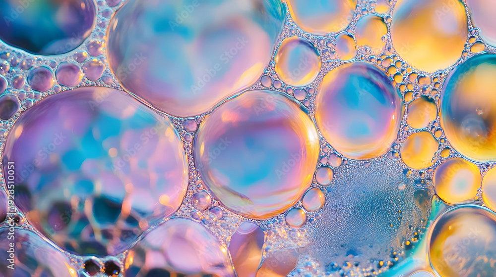 Poster a close-up view of iridescent soap bubbles creates an abstract pattern of colors and textures