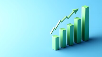 3D green growth chart with rising arrow on blue background, representing business success and financial growth.