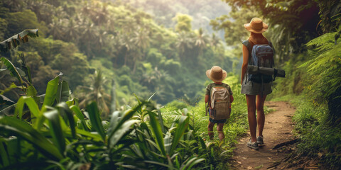 Female traveler with child stands on a hill and looks into the distance at the tropical jungle.