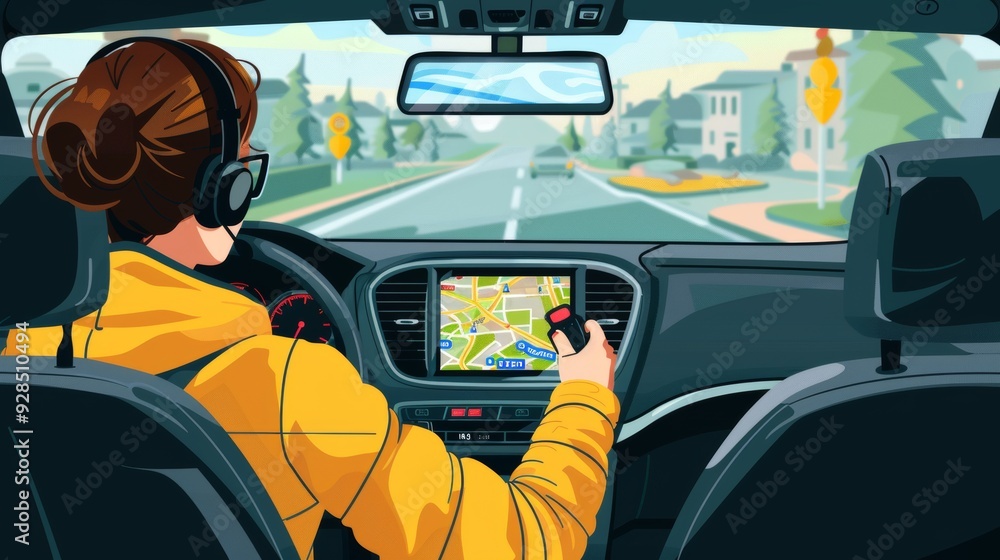 Poster cartoon vector person using a gps device for navigation in a car