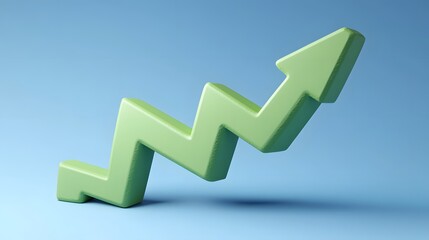 3D green zigzag arrow pointing upward against a blue background, symbolizing growth, success, and progress.