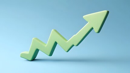 3D green zigzag arrow pointing upward against a light blue background, symbolizing growth, progress, and positive trends.