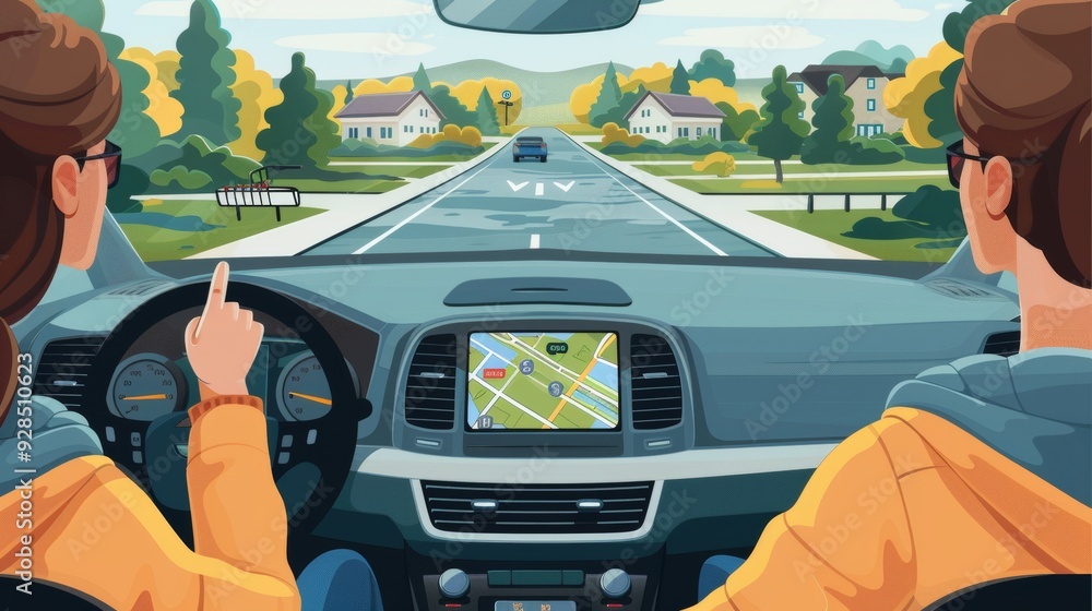 Poster cartoon vector person using a gps device for navigation in a car