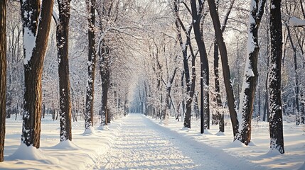 Fototapeta premium Beautiful snowy scenery in the park. Seasonal changes and cold weather. Natural background with snow-covered trees. Generative ai