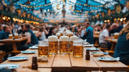 A beautiful shot of a Bavarian beer tent interior during Oktoberfest, with long wooden tables lined with beer mugs, steins, and plates of food, surrounded by a cheerful crowd dressed in traditional