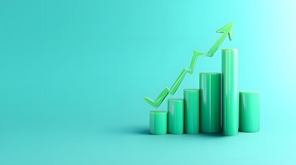 3D growth chart with an upward arrow on turquoise background symbolizing business success and financial growth.