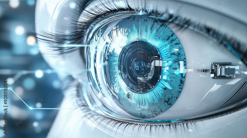 Poster a close-up view of a futuristic digital eye with blue circuitry elements illuminated against a blurr