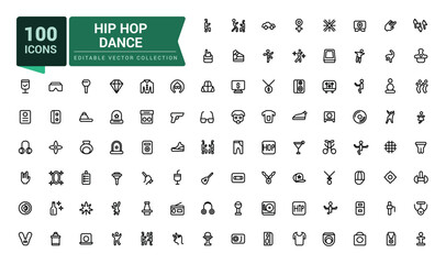 Hip hop dance icon set. Outline icons pack. Editable vector line icon set and illustration for web and UI application.