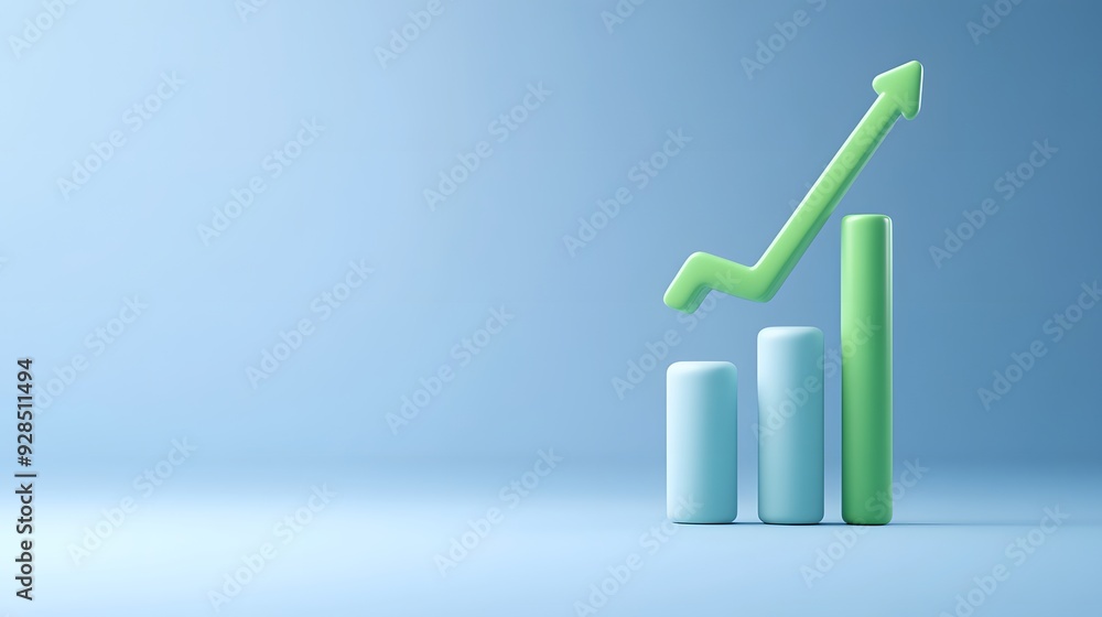 Poster 3d render of a bar chart with a green arrow pointing upwards, symbolizing business growth and succes