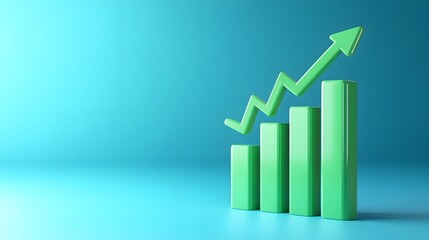 3D illustration of green bar graph with upward arrow on blue background, representing growth, progress, and success in business or finance.