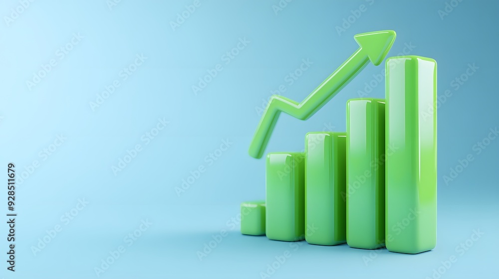 Poster 3d render of a green bar graph with an upward arrow showing business growth and success on a blue gr