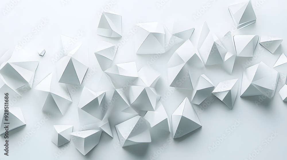 Poster 2. abstract 3d wall art featuring interlocking pyramids and cubes, floating against a clean white ba