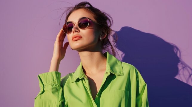 A woman wearing a green shirt and sunglasses, looking relaxed - Powered by Adobe
