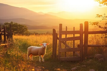 Sheep standing near rustic gate at sunset