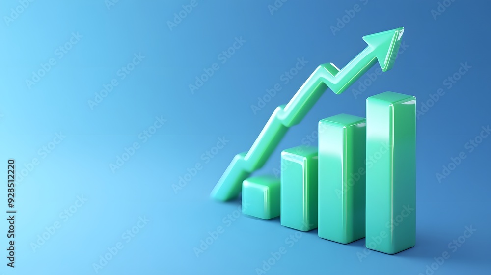 Poster 3d rendered image of a green bar chart with an upward arrow on a blue background, representing growt