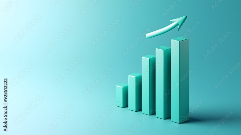 Poster 3d rendering of a bar chart showing annual growth, with an upward arrow on a turquoise background, r