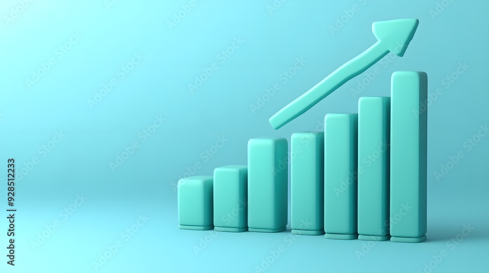 Poster 3d rendering of a bar chart with an upward arrow, symbolizing business growth, success, and progress