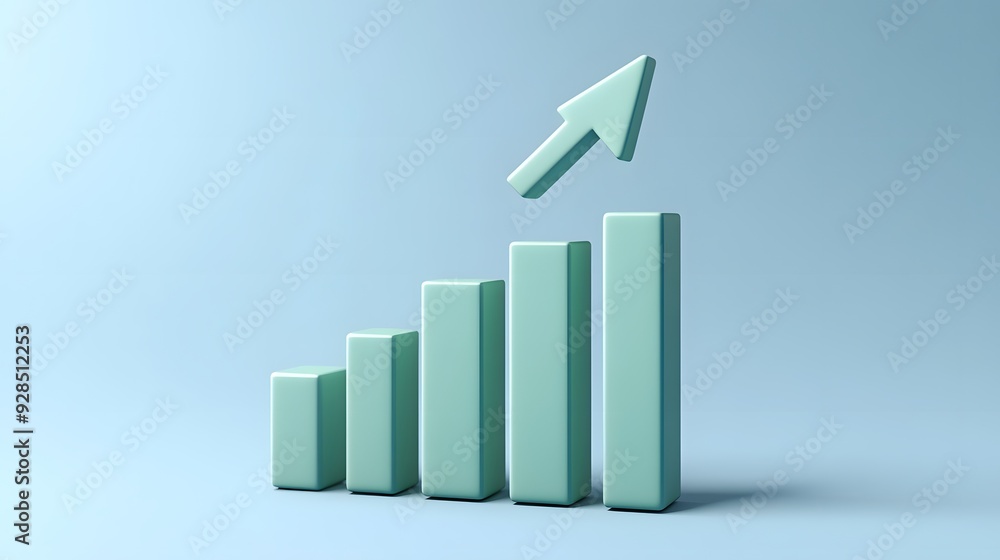 Poster 3d rendering of a bar chart showing growth with an upward pointing arrow on a blue background, repre