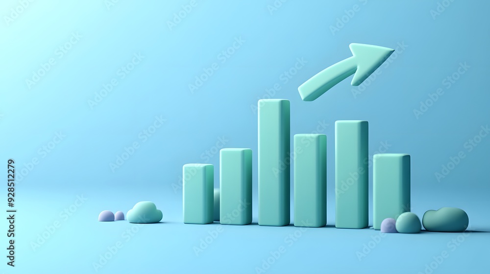 Poster 3d rendering of a bar graph with an upward arrow, representing growth, success, and progress, on a b