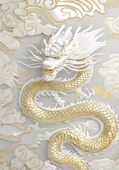 Fototapeta premium A stylized white and gold dragon entwined among clouds, showcasing intricate design and elegance.