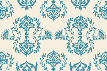 Carpet ikat floral pattern,fabric pattern on navy blue background vector illustration.Ikat ethnic oriental embroidery.Aztec style,abstract background.design for texture,clothing,decoration,carpet,rug.