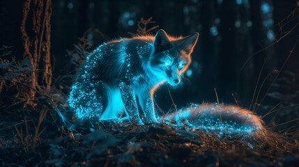 Glowing blue fox in a mystical dark forest.
