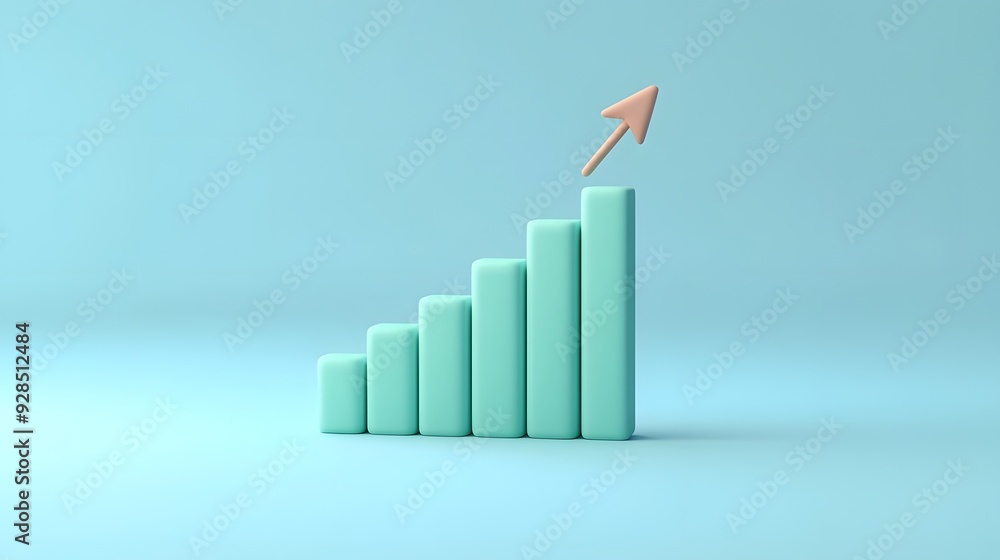 Poster 3d rendering of a green bar chart on a blue background with an upward-pointing arrow symbolizing gro