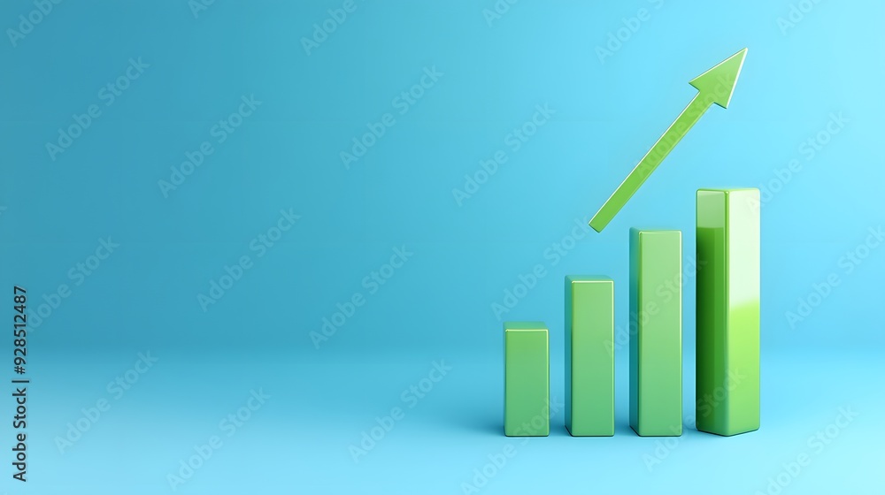 Poster 3d rendering of a green bar chart on a blue background with an upward arrow, depicting growth and pr