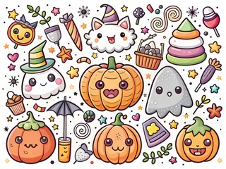 Happy Halloween Hand drawn kawaii illustration background AI generated
