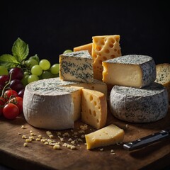 Fototapeta premium Relish in the excellence of cheese making with a beautifully styled cheese display featuring diverse and rich options for a sophisticated experience