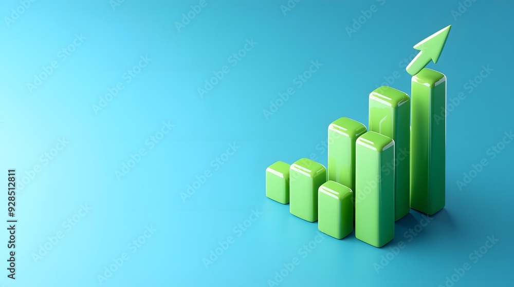 Poster 3d rendering of a green bar graph with an upward arrow on a blue background, symbolizing business gr