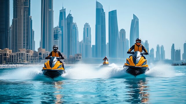 Jet skiers racing through the waters near Dubai's skyline on a sunny day