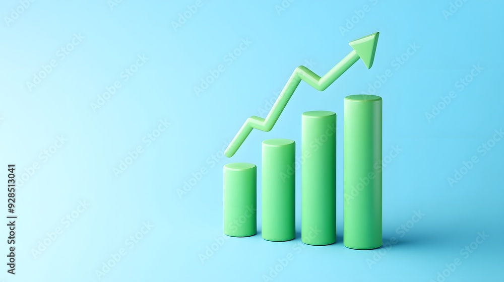 Poster 3d rendering of a green bar graph with an upward arrow on a blue background symbolizing growth, succ