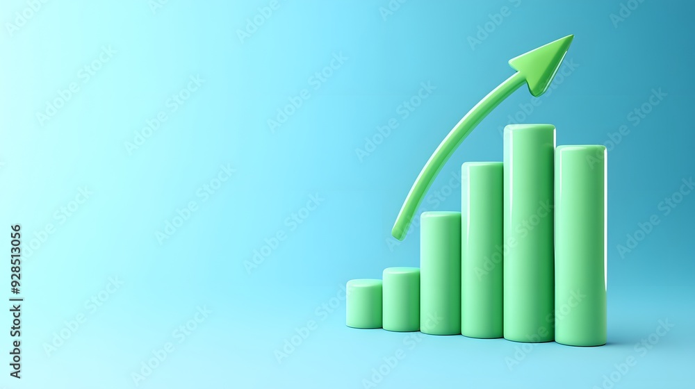 Poster 3d rendering of a green bar graph with an upward arrow on a blue background, representing growth, pr
