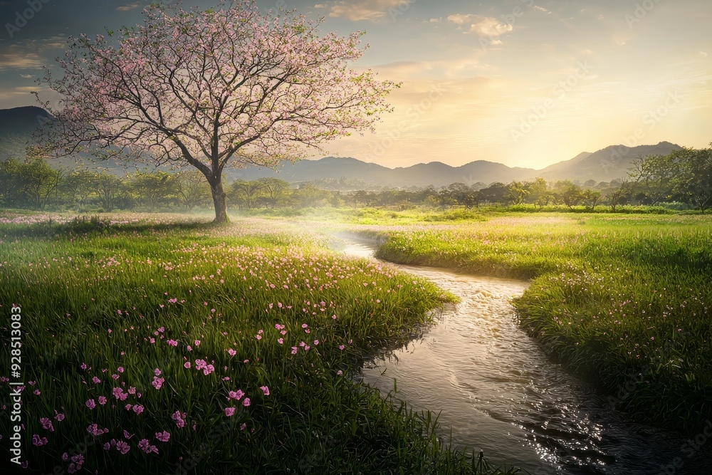 Poster a river runs through the flower meadow to the foot of the mountain range near the lone tree. 3d pict