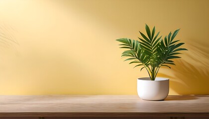 White potted plant site on wooden table on soft yellow background.