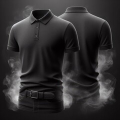 Mockup, front and back view, simple polo shirt, black background with light smoke
