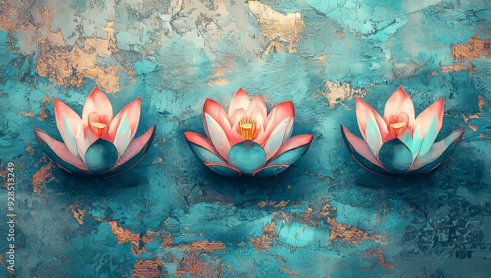 Wall mural 3D rendering of lotus flowers floating on blue water.