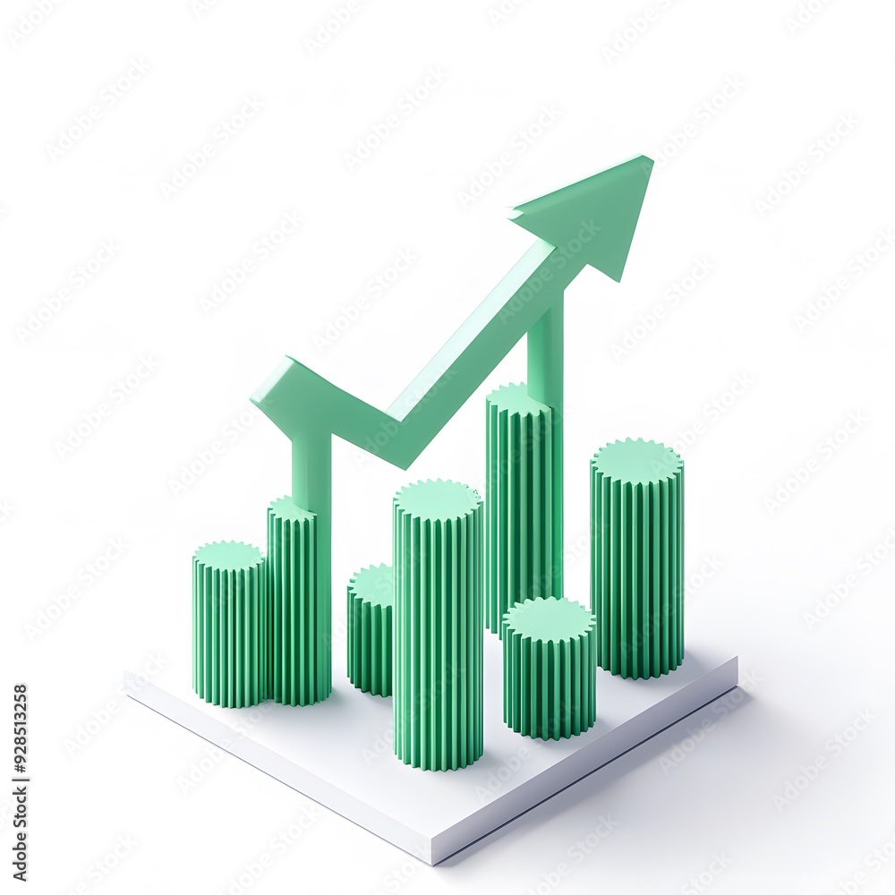 Poster 3d rendering of a green bar graph with an upward arrow showing growth, success, and positive busines