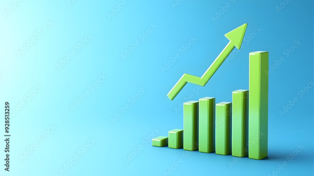 Poster 3d rendering of a green bar graph with an upward arrow showing growth and success on a blue backgrou