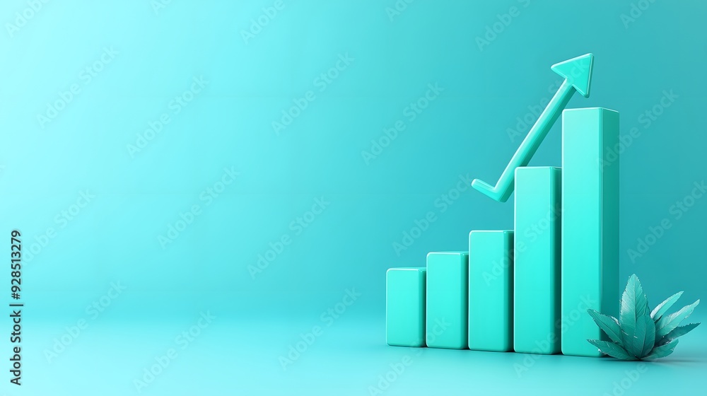 Aufkleber 3d rendering of a green bar graph with upward arrow on a minimalist background representing growth, 