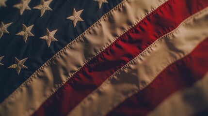 A detailed close-up of the American flag, with the focus on the stars and stripes, captured in a gentle breeze, symbolizing the pride, freedom, and heritage of the nation, with a blurred background
