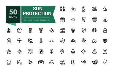 Set of sun protection line icons. Related to sunscreen, ultraviolet, sunglasses. Pixel perfect, minimalistic web and UI icon. Outline icon collections.