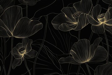 A modern gold poppy flower line art background with exotic nature design.