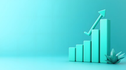 3D rendering of a green bar graph with upward arrow on a minimalist background representing growth, success, and business progress.