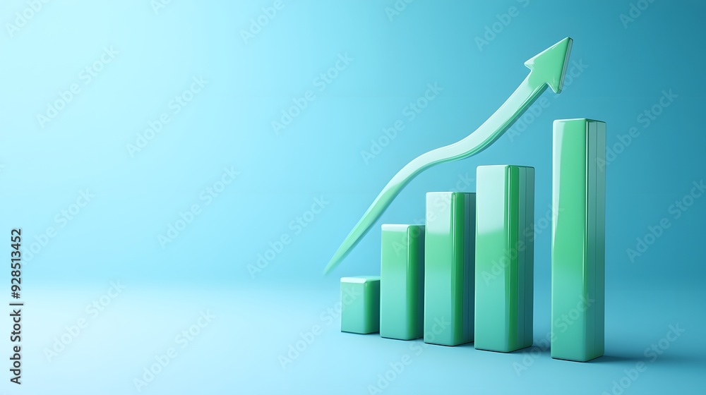 Poster 3d rendering of a growing bar chart with an upward arrow on a blue background, symbolizing business 